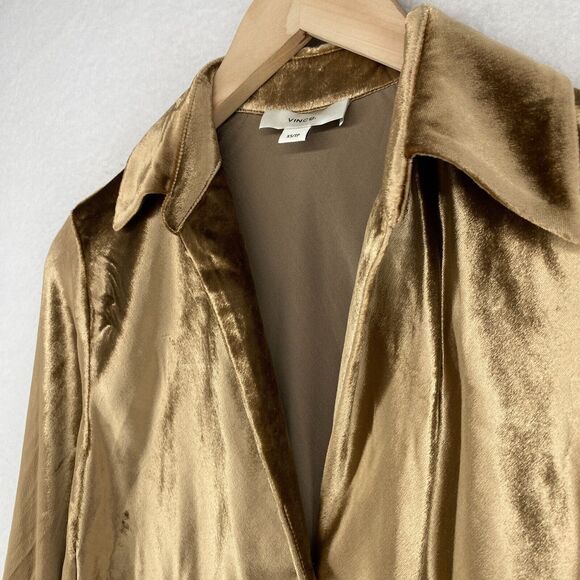 VINCE Top Womens XS Shiny Silk Velvet Shirt Button Front Long Sleeve Gold - Picture 3 of 13